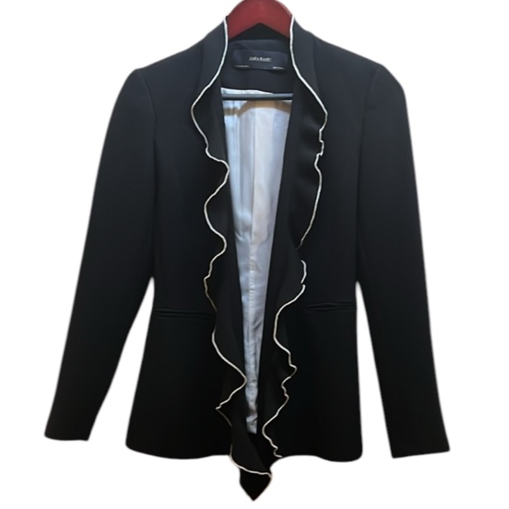 Zara Basic Blazer W/ Ruffle Lapel Collar, Contras… - image 5